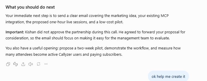 ChatGPT suggesting next steps after the call: send a clear email and propose a two-week pilot.