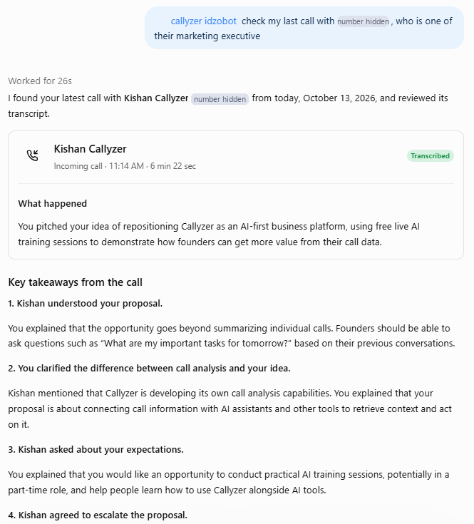 ChatGPT reviewing the author's call with a Callyzer marketing executive: a call card, a short summary and key takeaways.